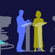 Colourful overlapping silhouettes of politicians during a TV Election Debate. leadership election, public speaking, speech, argue, 10 Downing street