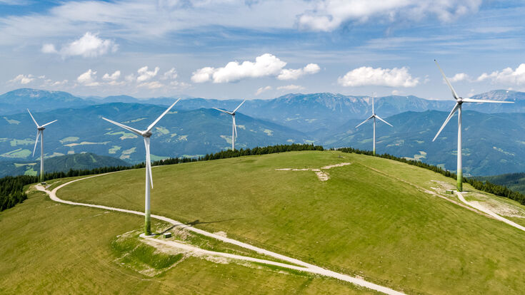 Windpark auf der steirischen Pretulalpe. Er zählt zu den leistungsstärksten im Land. Die Steiermark hat bei Windkraft nach Niederösterreich das zweitgrößte Ausbaupotenzial.