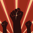 Raised Fist Hand Protest in flat icon design on red color ray background