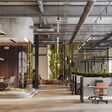Computer generated image of an office interior. Modern office desks with plants.