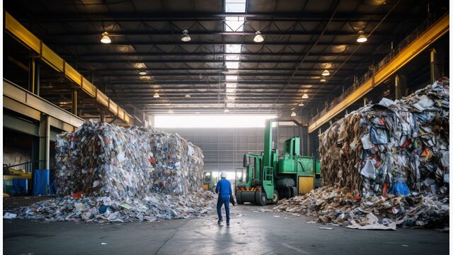 Ein Arbeiter aus der Ferne in einer großen Fabrikshalle, an den Seiten Müll für Recycling.