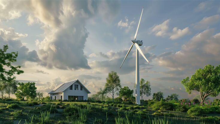 windrad neben kleinem haus