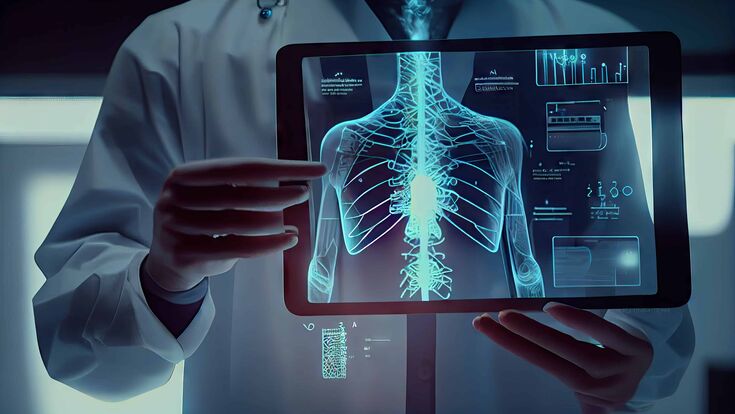 © karunyapas - stock.adobe.com Die Hände eines Arztes halten einen digitalen Bildschirm mit der Projektion eines Hologramms eines menschlichen Körpers.