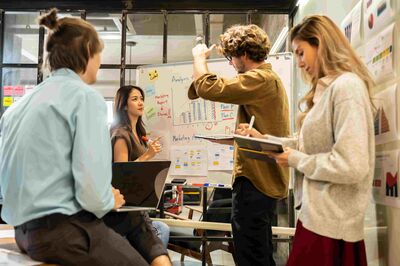 © Yingyaipumi - stock.adobe.com Ein kleines Jungunternehmen bei einem Meeting auf engem Raum