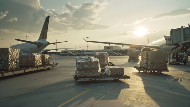 Im sanften Licht des Sonnenaufgangs wird Fracht auf Flugzeuge an einem geschäftigen Flughafen verladen.