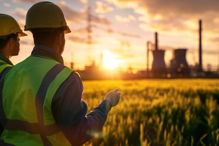 Zwei Techniker in Warnwesten und Schutzhelmen stehen in einiger Entfernung zu einem Biomassekraftwerk in Betrieb, davor ein großes Feld.