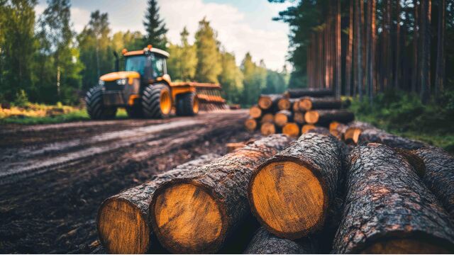 Eine Holzernte-Szene mit gestapelten Holzstämmen und einem Traktor auf einem Feldweg in einem bewaldeten Gebiet.