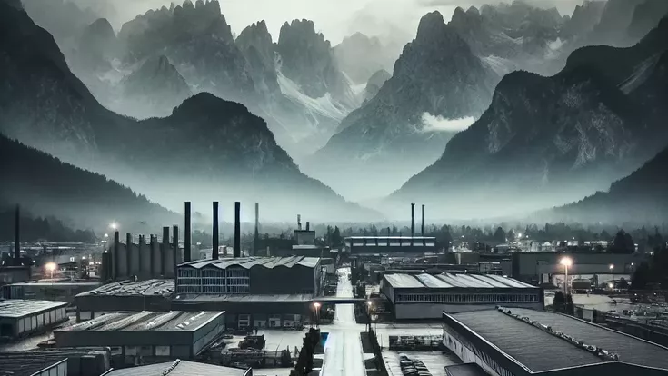 © ChatGPT KI-generiertes Bild einer düsteren, wolkenverhangenen Ansicht eines Tiroler Industriegebiets, umgeben von majestätischen Bergen, über denen dunkle Wolken aufziehen.