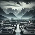 KI-generiertes Bild einer düsteren, wolkenverhangenen Ansicht eines Tiroler Industriegebiets, umgeben von majestätischen Bergen, über denen dunkle Wolken aufziehen.