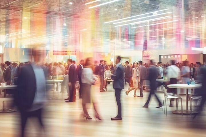 Abstrakte, unscharfe, defokussierte Messeveranstaltung, Ausstellung, Geschäftskonvention, Jobmesse, Technologie-Expo, Organisation, Unternehmensmesse, Marketing-, Werbekonzept.