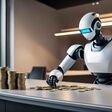 Ein weißer humanoider Roboter sitzt an einem Tisch und macht Türme aus Geldmünzen. Ki-generiert.