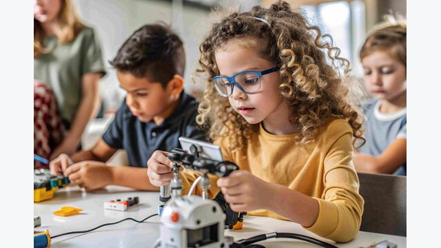 Ein konzentriertes junges Mädchen mit Brille baut fleißig einen Roboter in einem lebhaften Klassenzimmer zusammen.