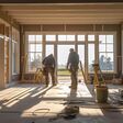 Zwei Bauarbeiter arbeiten im Holzrohbau eines Hauses an Fenstern und Türen, Sonnenlicht strahlt herein.