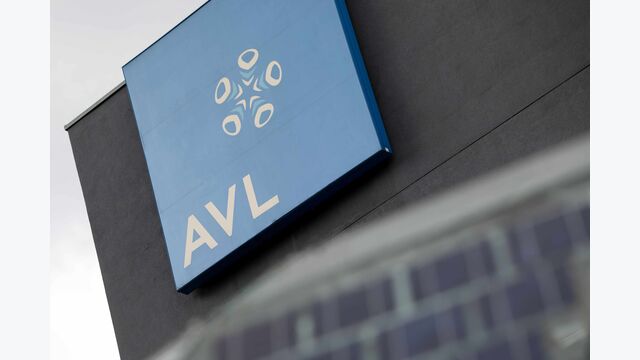 Logo des Grazer Automobilzulieferers AVL List an Gebäude: weiße Schrift auf blauem Quadrat