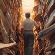 Büroangestellter navigiert durch ein riesiges Labyrinth aus Aktenschränken in einer retro-korporativen Umgebung.