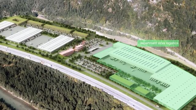 Plan von Alplog Nord in Kärnten, hervorgehoben die Logistikhallen, in denen es um Department Store Logistics gehen soll