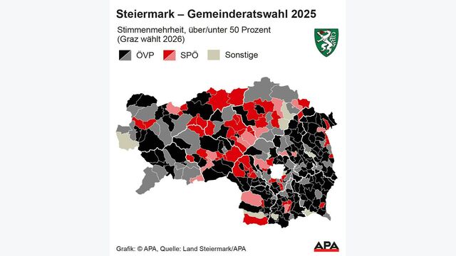 Steiermark-Gemeinderatswahl 2025 Grafik: Stimmenmehrheiten nach Gemeinden, Quelle: Land Steiermark