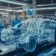 drei junge männliche ingenieure arbeiten am VR-Modell eines autos in einer hochtechnisch aussehenden umgebung