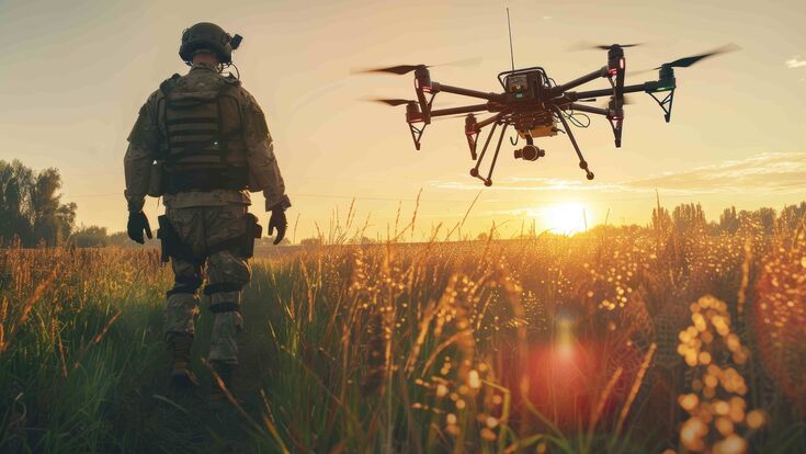 © Adobe stock/sorin Silhouette eines Soldaten, der Drohnen für militärische Kampf- und Aufklärungsmissionen steuert.
