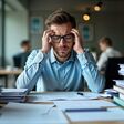 Young man sits at desk overwhelmed by paperwork in office. Stressed expression, holding head. Desk cluttered with stacks of documents. Work overload evident. Seems tired frustrated. Photo portrays