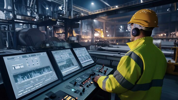 © Adobe stock/Anastasia Ki-generiertes bild eines Stahlwerksmitarbeiters, der KI-gesteuerte Temperaturregelungen in einer hochtechnologischen Industrieumgebung überwacht.