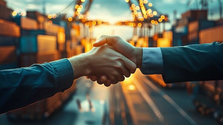 © Adobe Stock/Yassine DS KI-generiertes Bild von zwei Händen beim Handschlag vor dem verschwommen Hintergrund eines riesigen Frachthafens.