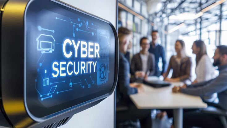 KI-generiertes Bild von einem Meeting verschwommen im Hintergrund, im Vordergrund ein großes blaues Schild mit der Aufschrift cyber security.