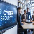 KI-generiertes Bild von einem Meeting verschwommen im Hintergrund, im Vordergrund ein großes blaues Schild mit der Aufschrift cyber security.