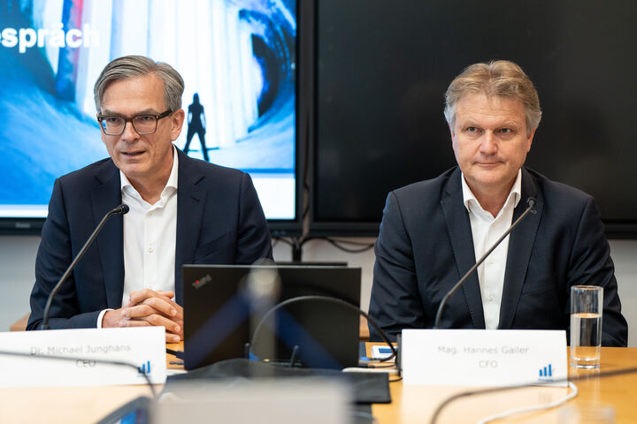 Wietersdorfer CEO und CFO Michael Junghans und Hannes Gailer bei Pressekonferenz an einem Tisch mit Mikros.