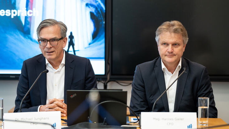 © Wietersdorfer/kaerntenphoto Wietersdorfer CEO und CFO Michael Junghans und Hannes Gailer bei Pressekonferenz an einem Tisch mit Mikros.