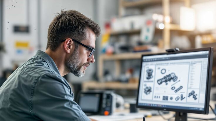 © Noom_Studio KI-generiertes Bild von einem Maschinenbauer, der eine komplexe Maschinenkomponente mithilfe von Software designt.