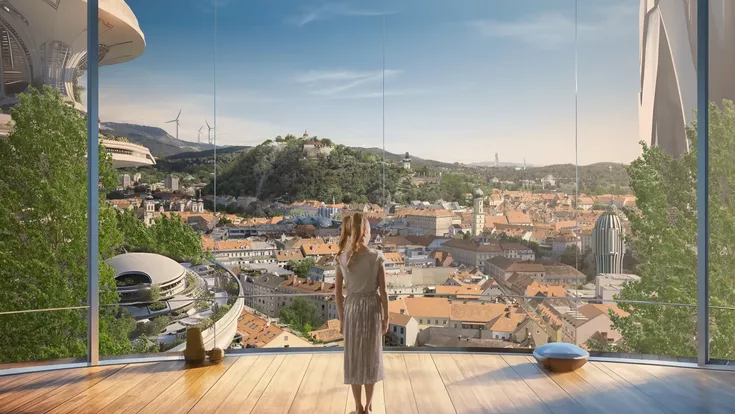 © Steiermärkische Sparkasse junge Frau blickt durch Fensterwand auf eine schöne, futuristische Form von Graz