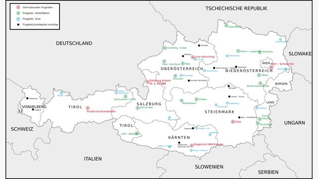Eine Karte zeigt die Flughäfen und Flugplätze in Österreich