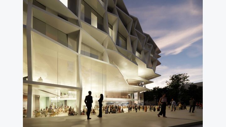 Rendering für neuen Messpark Dornbirn in Vorarlberg: Außenansicht Detail mit Menschen
