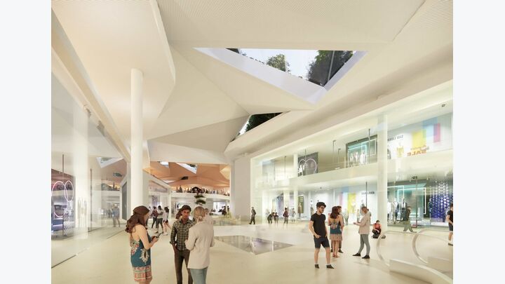 Rendering für neuen Messpark Dornbirn in Vorarlberg: Innenhalle mit Menschen
