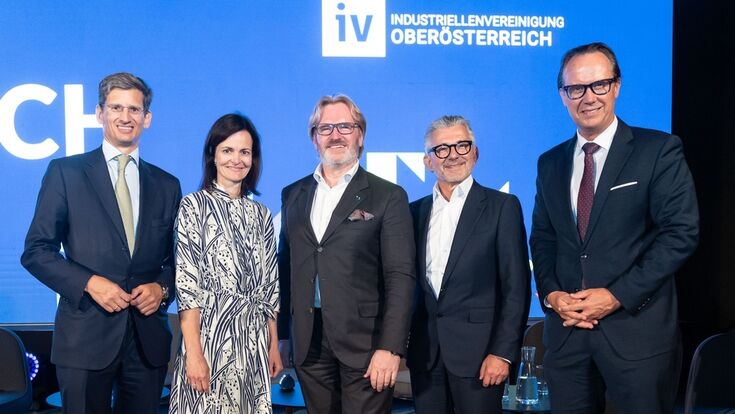 F. Peter Mitterbauer (Miba), Elisabeth Engelbrechtsmüller-Strauß (Fronius), IV-OÖ-Präsident Thomas Bründl, Herbert Eibensteiner (voestalpine), IV-OÖ-Geschäftsführer Joachim Haindl-Grutsch