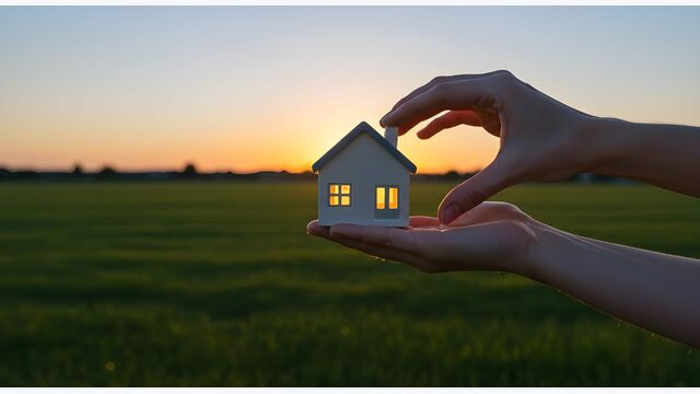 Zwei Hände halten ein handgroßes Modellhaus vor eine große freie Wiese bei Sonnenuntergang, KI-generiert.