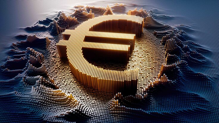 dreidimensionales goldfarbenes Eurozeichen, symbolbild für digitalisierung