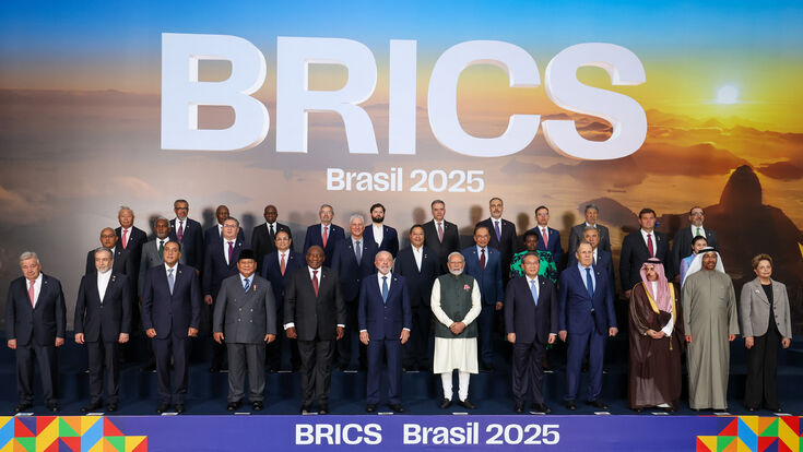 PM in a family photograph with Members, Partners and Outreach invitees on the sidelines of 17th BRICS Summit at Rio de Janeiro, in Brazil on July 07, 2025.