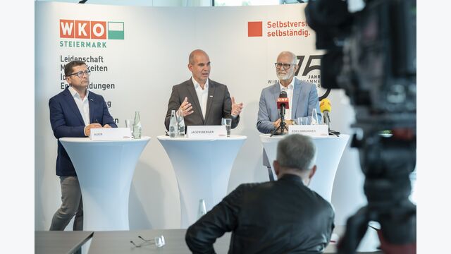 Gerald Auer (Geschäftsführer Vogl&Co.), Peter Jagersberger (Landesgremialobmann Fahrzeughandel), Klaus Edelsbrunner (Bundesgremialobmann Fahrzeughandel) bei der WKO-Pressekonferenz zum Fahrzeughandel in Österreich 2025.