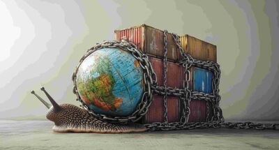 Darstellung einer Schnecke, die Weltkugel statt Schneckenhaus und alte Schiffscontainer trägt, zusammengehalten von Eisenketten, symbolisiert verlangsamte Globalisierung