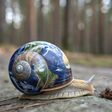 KI-generiertes Bild einer Schnecke auf einem Felsen im Wald, das Schneckenhaus als wunderschöne Weltkarte gemalt.