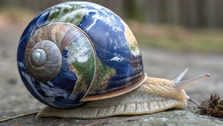 KI-generiertes Bild einer Schnecke auf einem Felsen im Wald, das Schneckenhaus als wunderschöne Weltkarte gemalt.