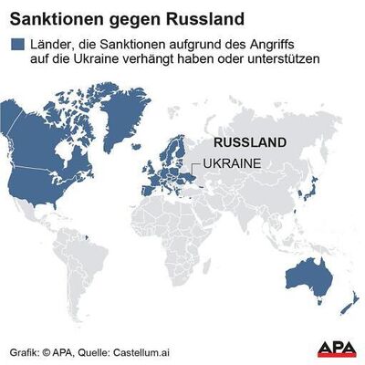 Weltkarte zeigt Länder, die Sanktionen gegen Russland aufgrund des Angriffs auf die Ukraine verhängt haben oder unterstützen; Quelle: Castellum.ai