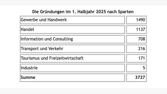 Tabelle zeigt Österreichs Unternehmensgründungen im 1. Halbjahr 2025 nach Sparten