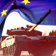 Ein Panzer fährt unter einer gelüpften EU-Flagge durch.