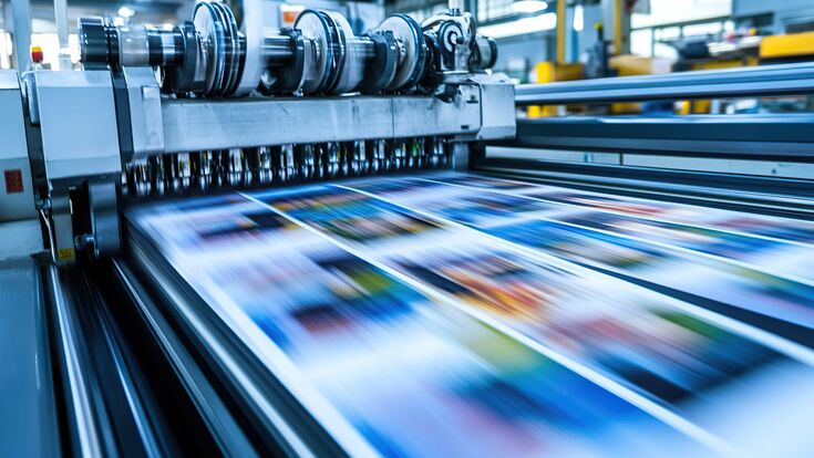 KI-generiertes Bild zeigt schnell arbeitende Druckerpresse, die eine bunte Zeitung druckt.