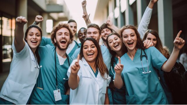 KI-generiertes Bild, Mehrere junge KrankenhausmitarbeiterInnen und PflegerInnen jubeln