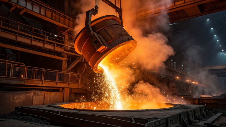 ein riesiger Kessel, aus dem leuchtendes geschmolzenes Metall fließt, in einer dunklen, doch lebhaften industriellen Umgebung