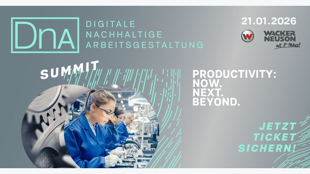 Werbe-Banner für den "Digitale, nachhaltige Arbeitsgestaltung" Summit 2026 von Wacker Neuson